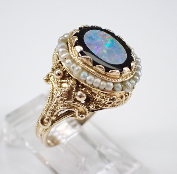30s Antique Opal and Onyx Inlay Ring - Victorian Seed Pearl Halo Setting - 14K Yellow Gold Art Deco Jewelry