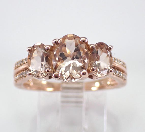 Rose Gold Three Stone Morganite Ring, Diamond and Morganite Engagement Ring, Vow Renewal Fine Jewelry