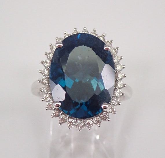 14K White Gold London Blue Topaz Ring - Large Diamond Halo Engagement Setting - December Birthstone Jewelry Gift