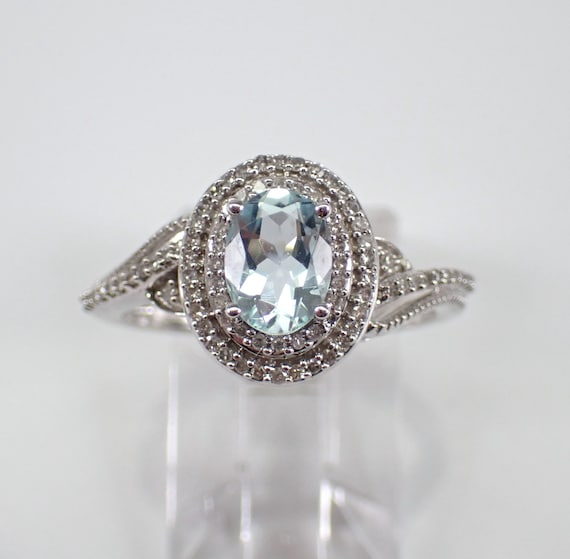 Aquamarine Engagement Ring - White Gold Diamond Halo Setting - Aqua Marine March Gemstone Jewelry Gift