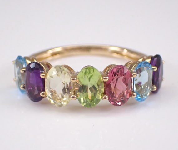 Yellow Gold Multi Color Gemstone Ring: Stackable Wedding Anniversary Band - Blue Topaz Peridot Garnet Amethyst Citrine