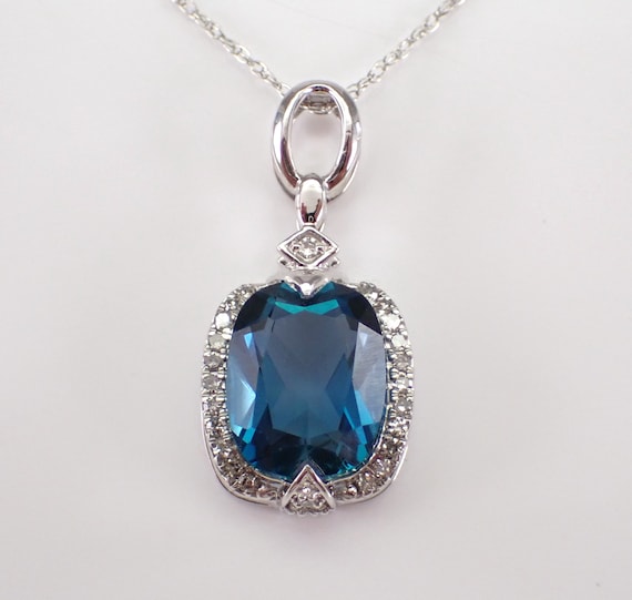 London Blue Topaz and Diamond Pendant and Chain - White Gold Gemstone Charm Necklace - GalaxyGems Fine Jewelry Gift