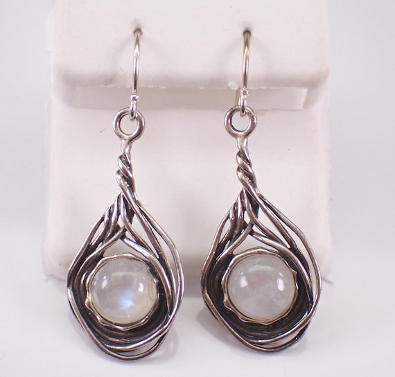 Sterling Silver Moonstone Dangle Earrings - Vintage Estate Jewelry Gift - Kidney Wire Fish Hook Clasp