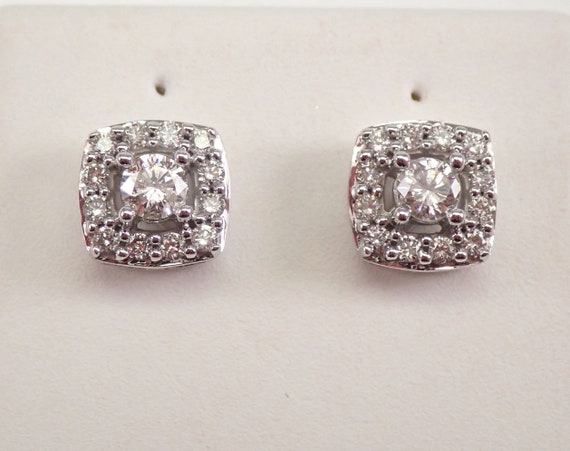 Genuine Diamond Stud Earrings - Solid 10K White Gold Jewelry - Cushion Cut Shaped Real Halo Studs