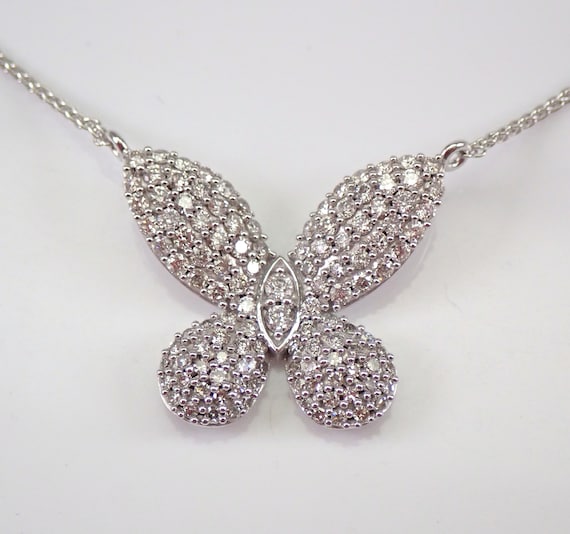14K White Gold 1.15 ct Diamond Butterfly Necklace 17" Chain Pendant Wedding Gift