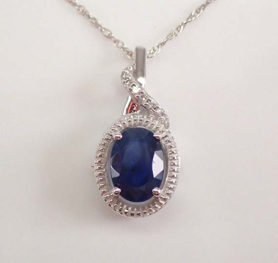 Sapphire and Diamond Pendant, Solid White Gold Necklace 18" Chain, September Birthstone Gift