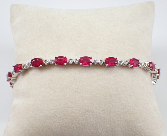 Ruby and Diamond Tennis Bracelet - 14K White Gold Fine Jewelry - July Birthstone Gift for Her