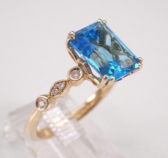 14K Yellow Gold Blue Topaz Engagement Ring - Dainty Diamond Bridal Setting - December Gemstone Fine Jewelry Gift