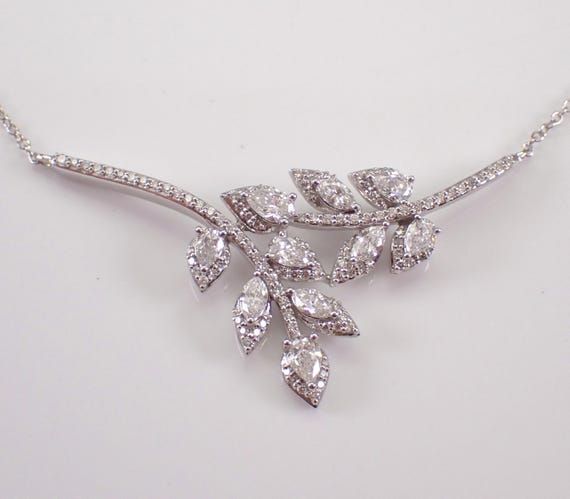 14K White Gold Diamond Necklace - Dressy Station Pendant and Chain - GalaxyGems Fine Jewelry Choker Gift