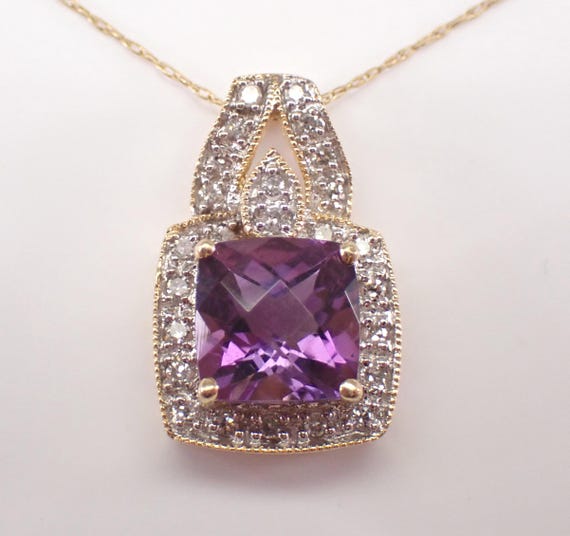 14K Yellow Gold Amethyst and Diamond Necklace: Gemstone Charm Pendant and Chain