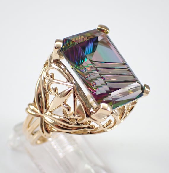 Vintage 14K Yellow Gold Mystic Topaz Ring - Unique Large Emerald Cut Gemstone Jewelry