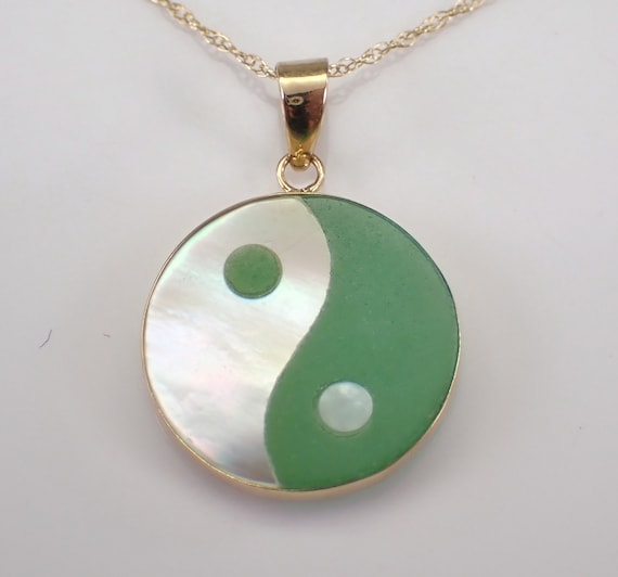 14K Yellow Gold Yin Yang Pendant and Chain - Mother of Pearl and Jade Charm Necklace - Unique Asian Gemstone Fine Jewelry Gift