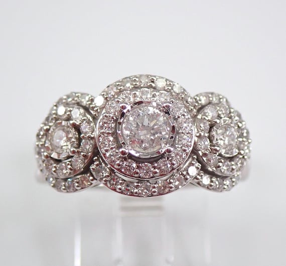 White Gold Diamond Engagement Ring, Three Stone Double Halo Band, Past Present Future Bridal Jewelry Gift