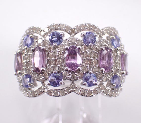 14K White Gold Amethyst and Tanzanite Ring -Large Diamond Set Setting Band - Gemstone Cluster Cocktail Jewelry