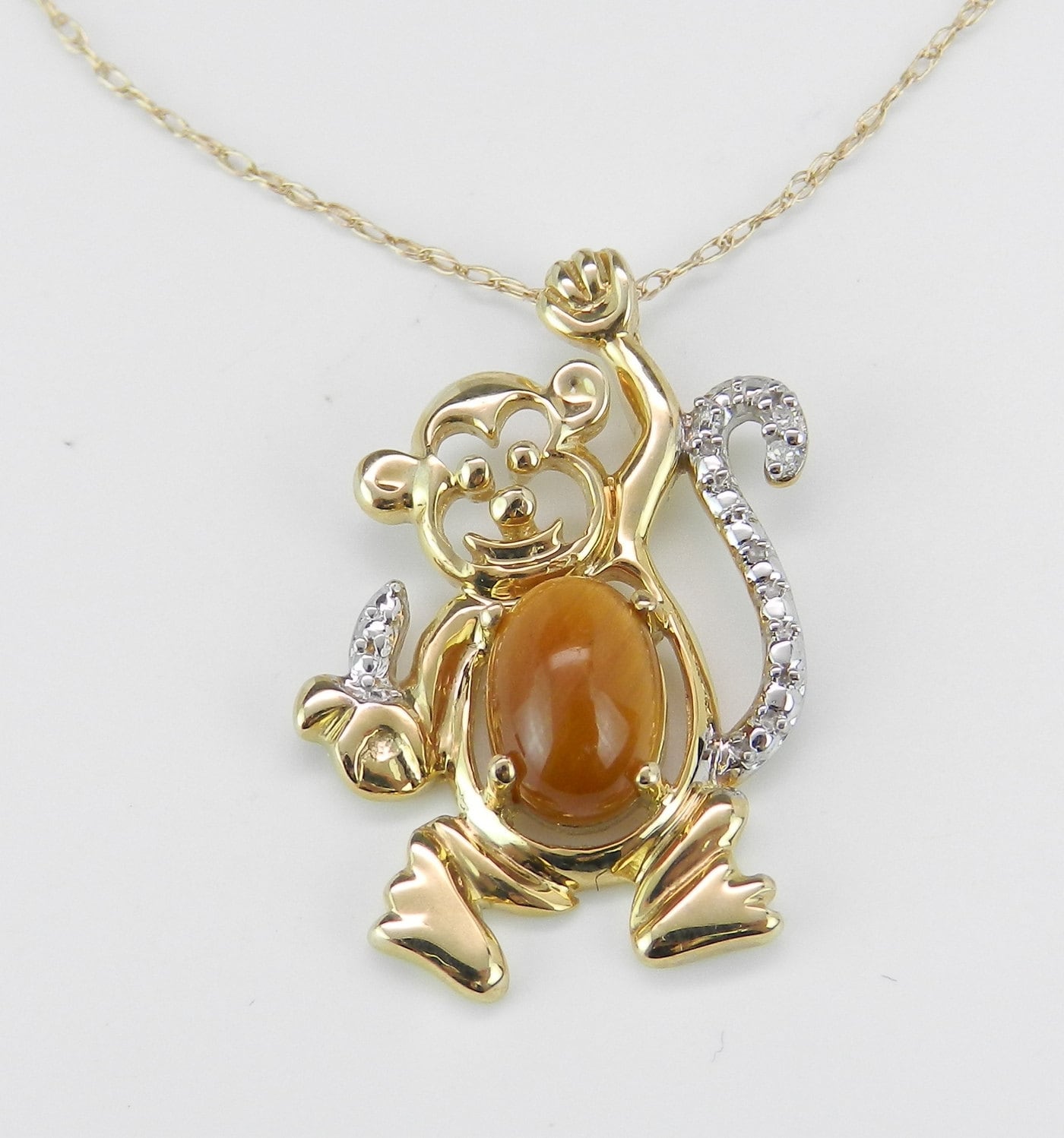 Diamond and Tiger Eye Monkey Drop Pendant Necklace 18 Chain Yellow Gold
