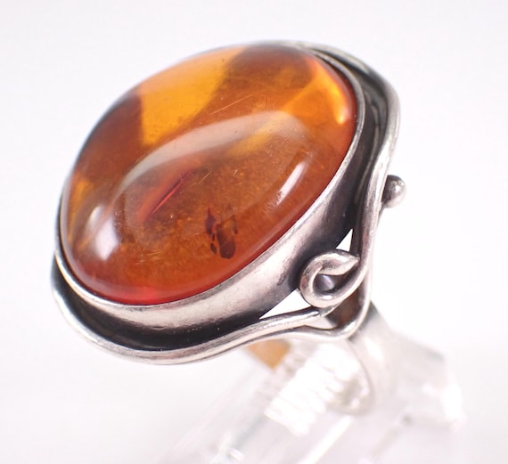 Vintage Sterling Silver Baltic Amber Ring: Unique Estate Solitaire Fossil Gemstone Band