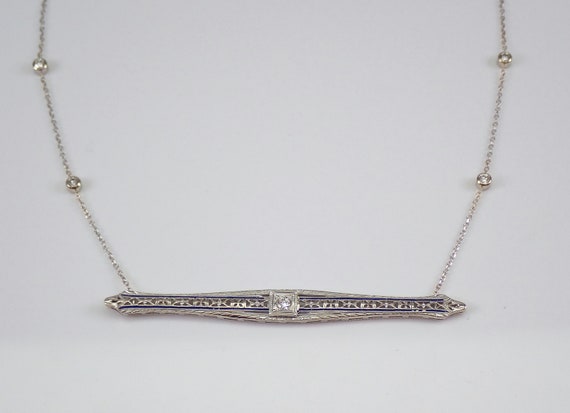 Art Deco Diamond Station Necklace - 14k White Gold Diamonds By the Yard Chain - Antique Blue Enamel Bar Pendant