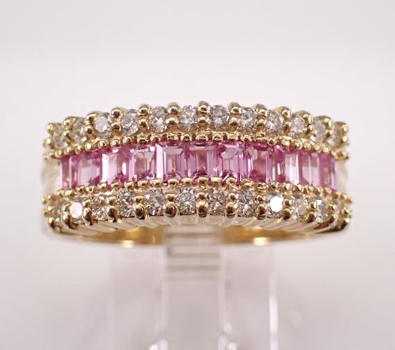 14K Yellow Gold Pink Sapphire and Diamond Ring - Baguette Gemstone Wedding Anniversary Band - Bridal Wedding Fine Jewelry Gift