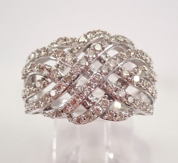 1ct Diamond Multi Row Crossover Ring - White Gold Wedding Anniversary Band - Lattice Weave Design Fine Jewelry