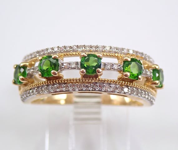 Chrome Diopside and Diamond Ring - 10K Yellow Gold Gemstone Anniversary Band - Stackable Wedding Band Jewelry for Her