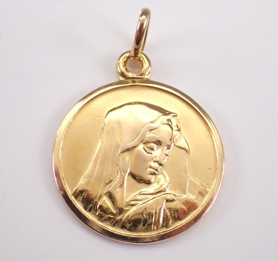Vintage 18K Yellow Gold Virgin Mary Charm: Estate Religious Madonna Miraculous Medal Pendant