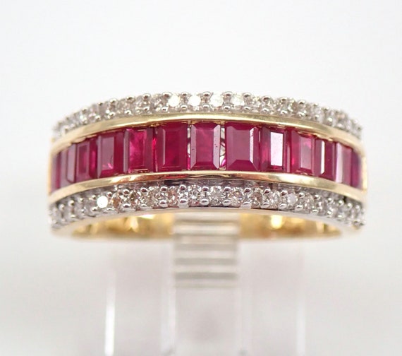 Ruby and Diamond Wedding Ring - Solid Yellow Gold Anniversary Band - July Birthstone Jewelry Gift