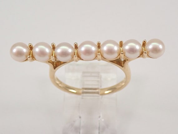 Exaggerated Pearl Bar Ring in 14K Yellow Gold, Modern Pearl Jewelry for Women, Unique Middle Finger Ring, June Birthday