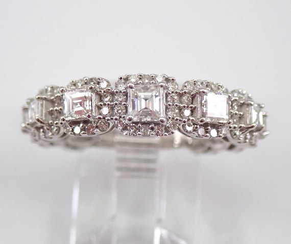 14K White Gold Diamond Wedding Ring - Square Emerald Cut Halo Anniversary Band - Stackable Bridal Fine Jewelry Gift