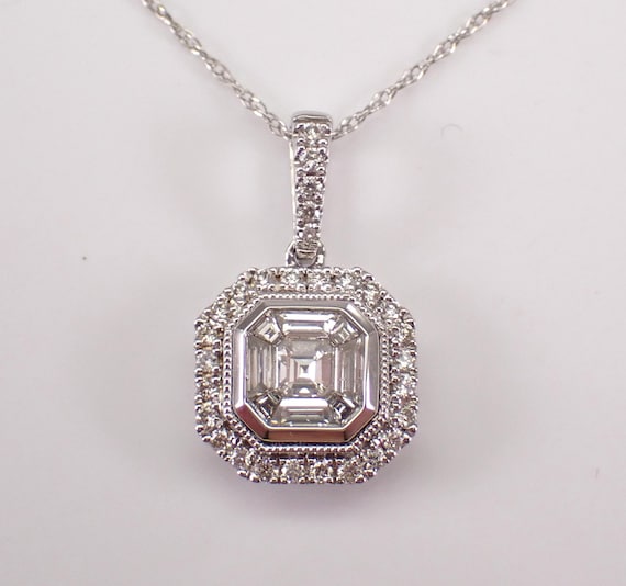14K White Gold Diamond Pendant and Chain - Square Cluster Halo Necklace - Solitaire Dangle Charm Bridal Fine Jewelry Gift