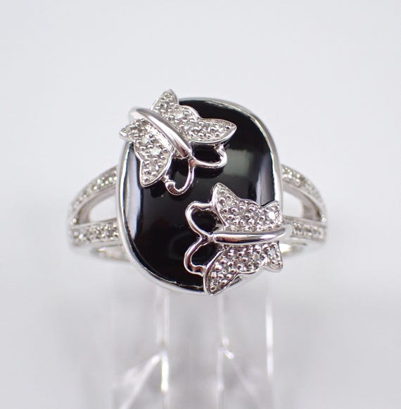 Onyx and Diamond Butterfly Ring - White Gold Fine Jewelry Gift - Unique Black Gemstone Birthday Present