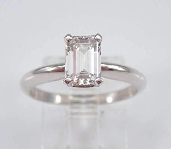 Emerald Cut Moissanite Engagement Ring - 14K White Gold Solitaire Setting - Bridal Promise Gift