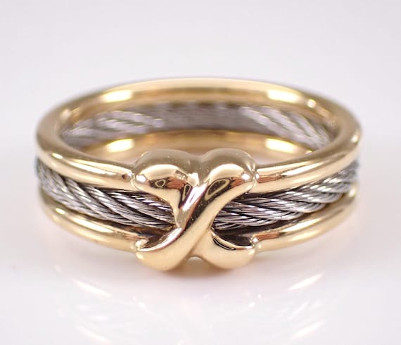 18K Yellow Gold and Stainless Steel Band, Two Tone Braided X Ring - Vintage Estate Fine Jewelry Gift