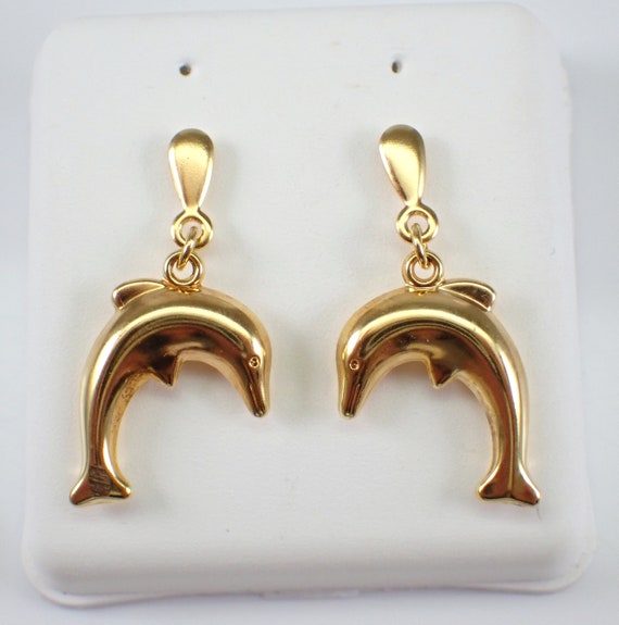 Vintage 18K Yellow Gold Dolphin Earrings, Unique Estate Dangle Jewelry Gift for Her - Milor Designer