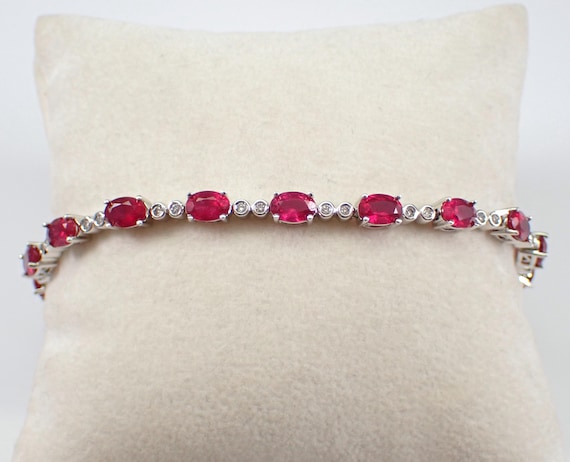 14k White Gold Ruby Tennis Bracelet - Stackable Diamond Setting - July Birthstone Gemstone Jewelry Gift