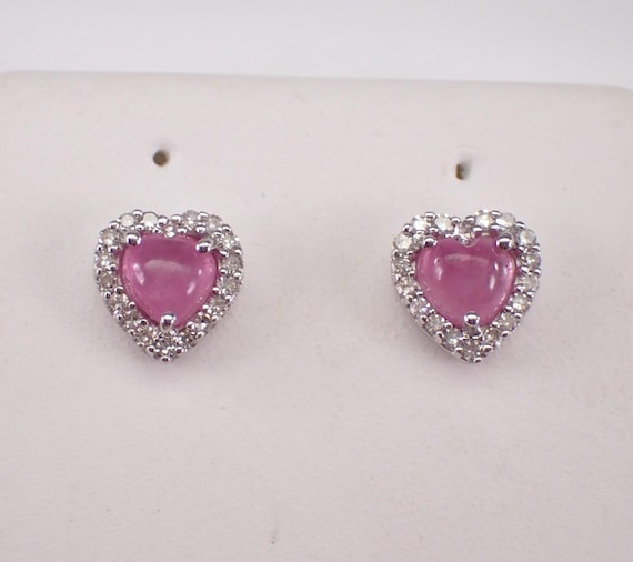 White Gold Pink Sapphire Heart Earrings - Dainty Diamond Halo Studs - Small Gemstone Fine Jewelry Gift