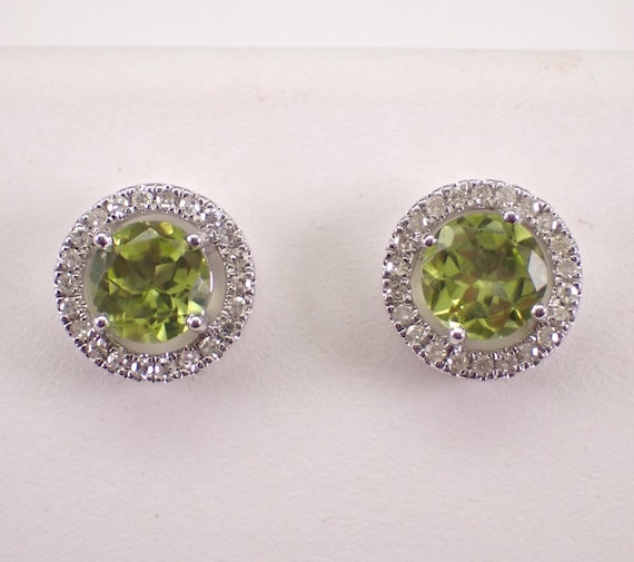 White Gold Peridot and Diamond Stud Earrings: August Birthstone Gemstone Studs
