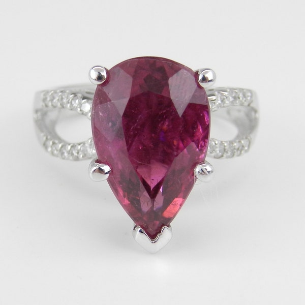 RESERVED 6.30 carats Diamond and Pear Pink Tourmaline Engagement Ring 18K White Gold Size 5