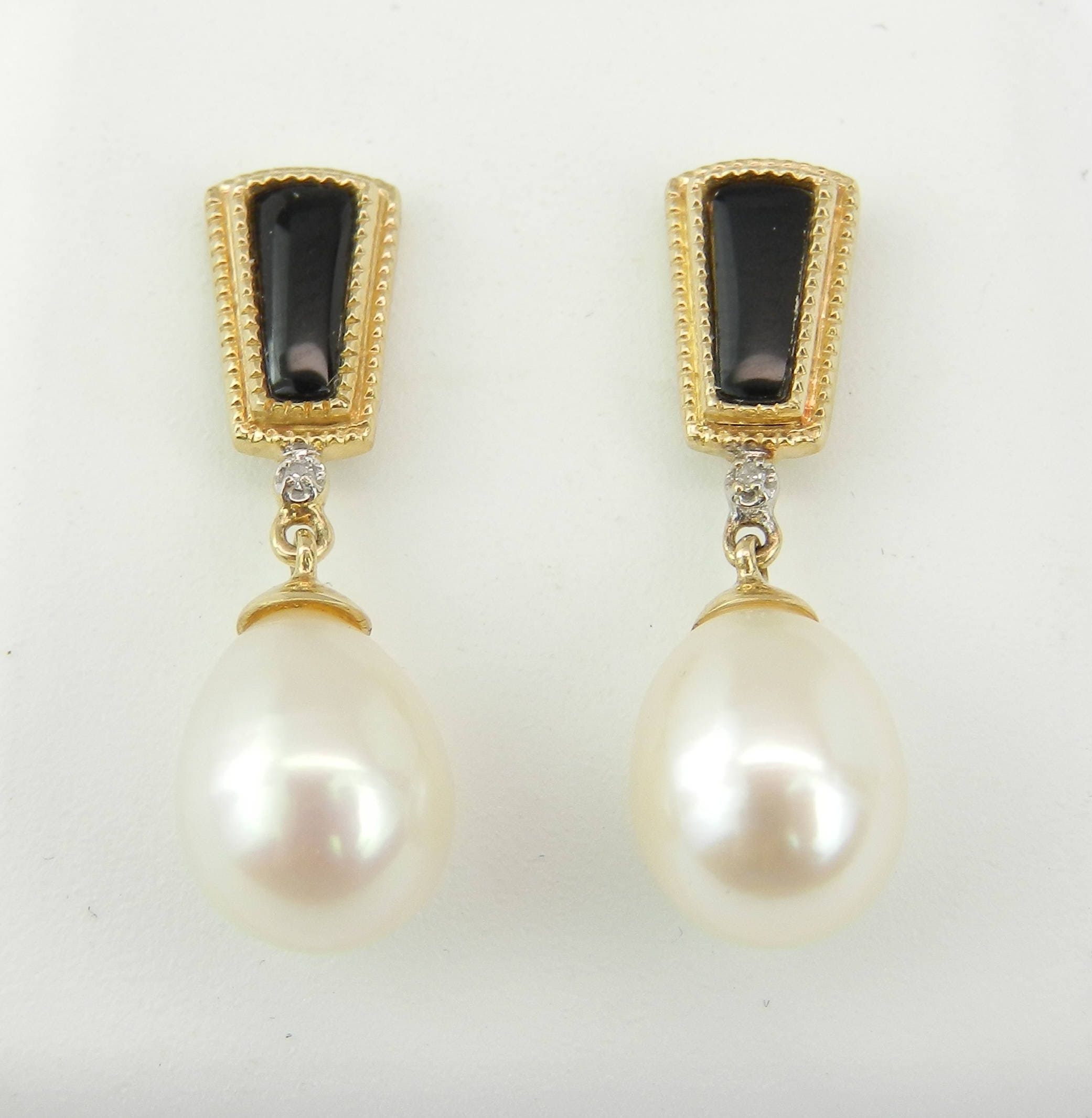 SALE Pearl Black Onyx Diamond Dangle Drop Earrings 14K Yellow Gold June ...