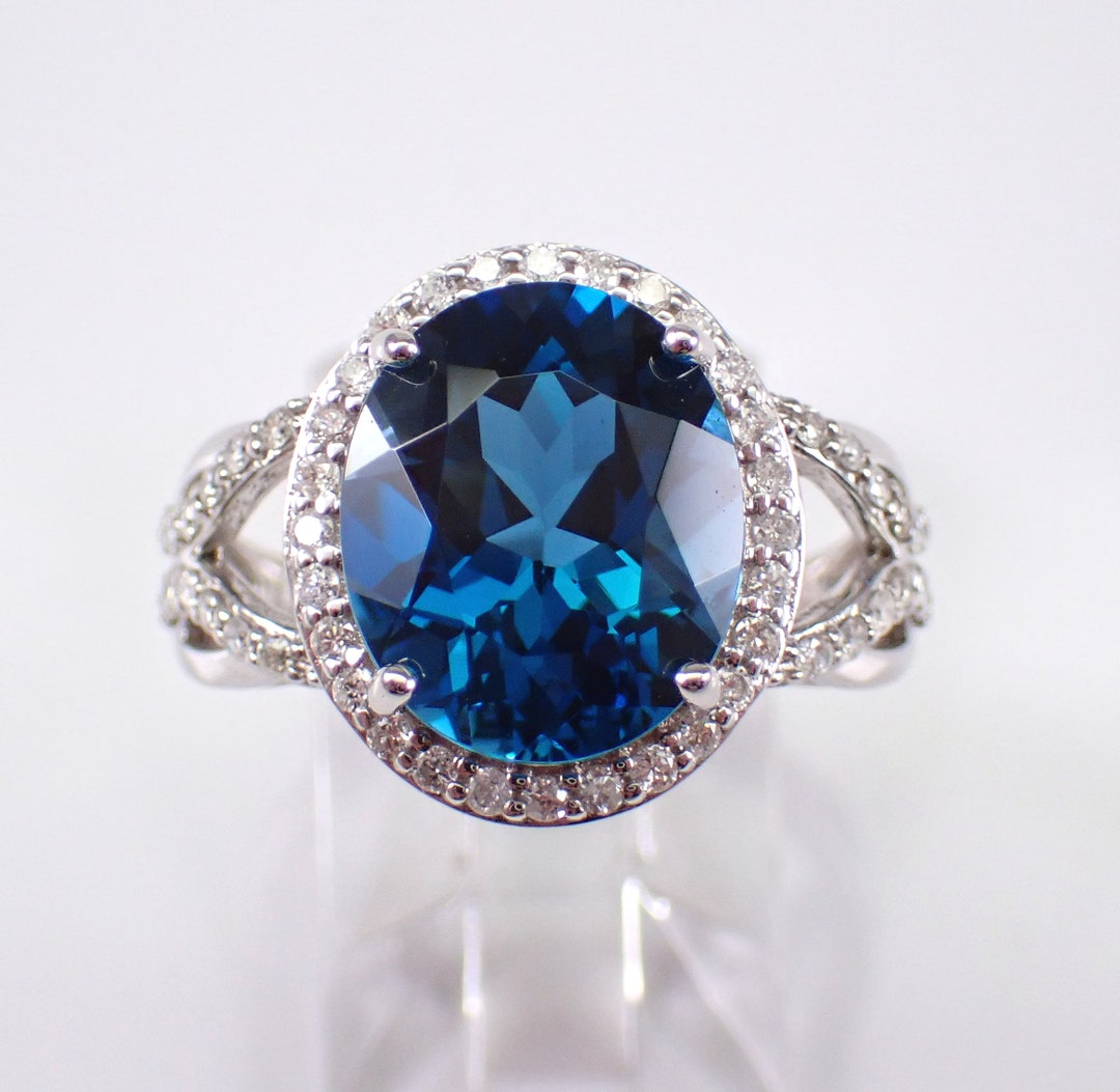 14k White Gold London Blue Topaz Ring - Diamond Halo Engagement Setting ...