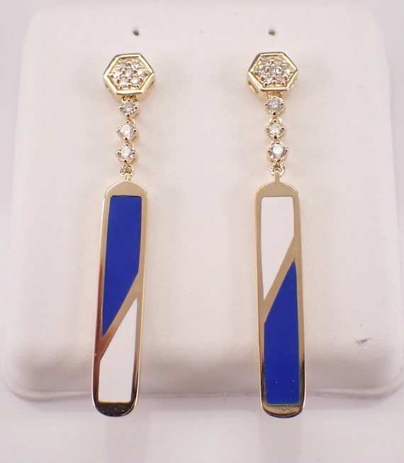 14K Yellow Gold Diamond and Enamel Earrings - Dainty Blue and White Dangle Drops - Unique Fine Jewelry Gift
