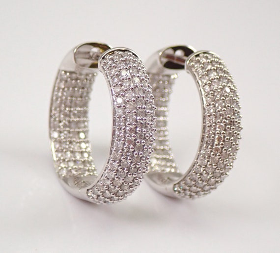 Chunky Diamond Hoop Earrings - White Gold Wide Diamond Huggies - Inside In and Out Hoops