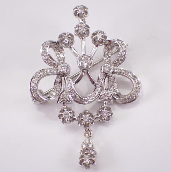 Antique 18K White Gold Diamond Brooch: Unique Vintage Large Dangle Pin