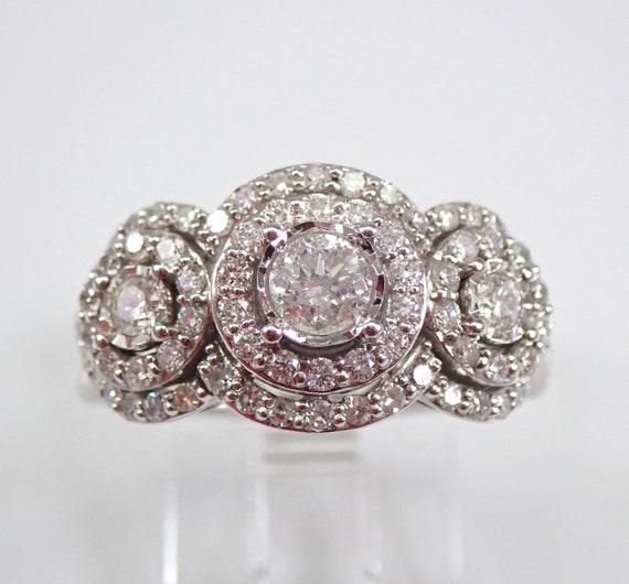 Genuine Diamond Engagement Ring, Three Stone Double Halo Ring, Past Present Future Bridal Jewelry