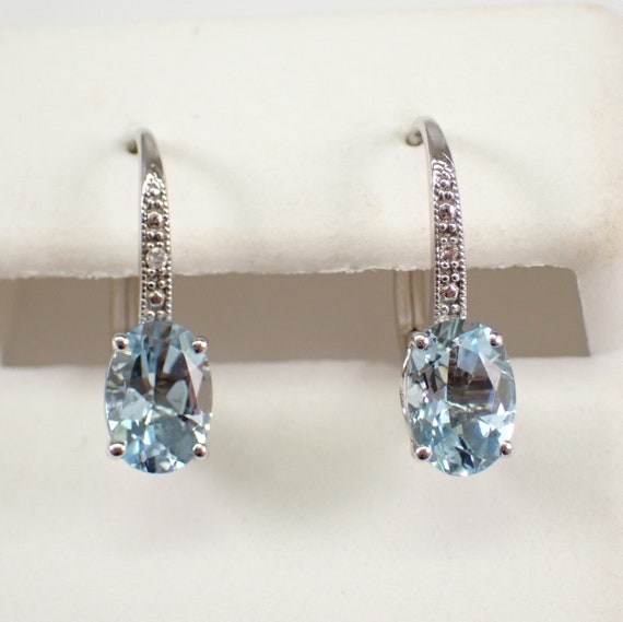 Aquamarine and Diamond Drop Earrings - White Gold Gemstone Jewelry - March Birthstone Gift