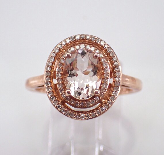 Rose Gold Pink Morganite Engagement Ring - Double Halo Diamond Setting - GalaxyGems Bridal Fine Jewelry Gift