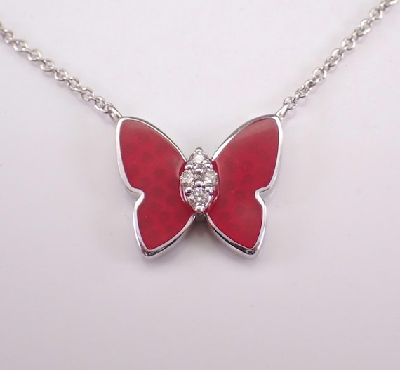 14K White Gold Diamond Station Necklace: Red Enamel Butterfly Charm Pendant and Chain