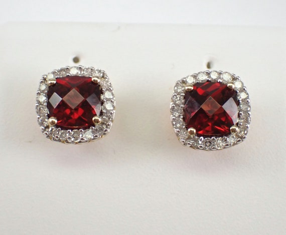 Genuine Cushion Cut Garnet Stud Earrings - Yellow Gold Diamond Halo Setting - January Birthstone Gemstone Gift