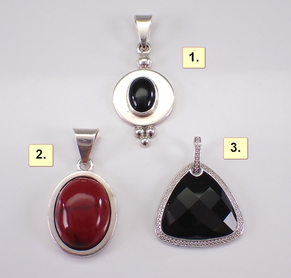 Vintage Sterling Silver Charm Pendant - Unique Chunky Gemstone Slide - Onyx Red Jasper Jewelry Gift