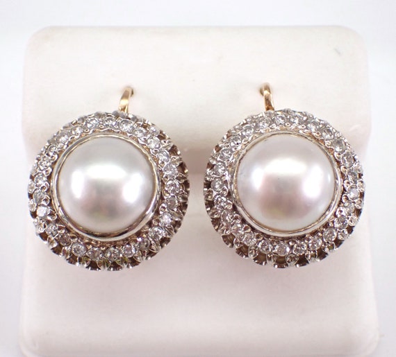 14K Rose Gold Mabe Pearl and Diamond Earrings - 70s Estate Vintage Large Fine Jewelry Gift - June Birthstone Gemstone