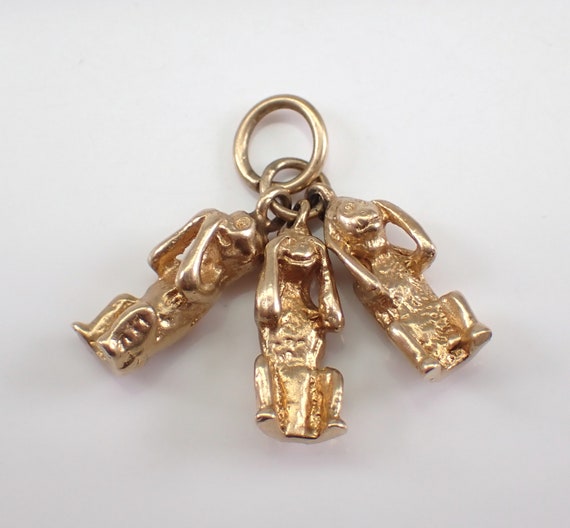 Vintage Monkey Charm Pendant - 14K Yellow Gold See No Evil Hear No Evil Speak no Evil - Unique Triple Dangle For Bracelet or Necklace